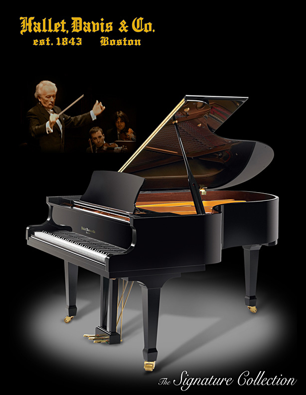 The Hallet Davis premier grand piano, model HS170 with ebony polish finish, shown in a spotlight.