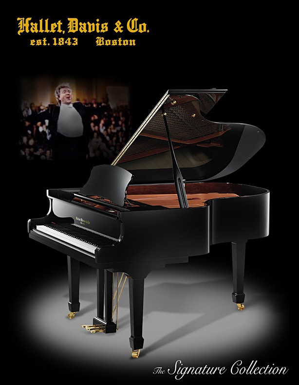 The Hallet Davis artist grand piano model HS160 with ebony polish finish, shown in a spotlight.